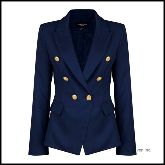 Double Breasted Military Style Blazer Coat Jacket Polyester Slim Fit